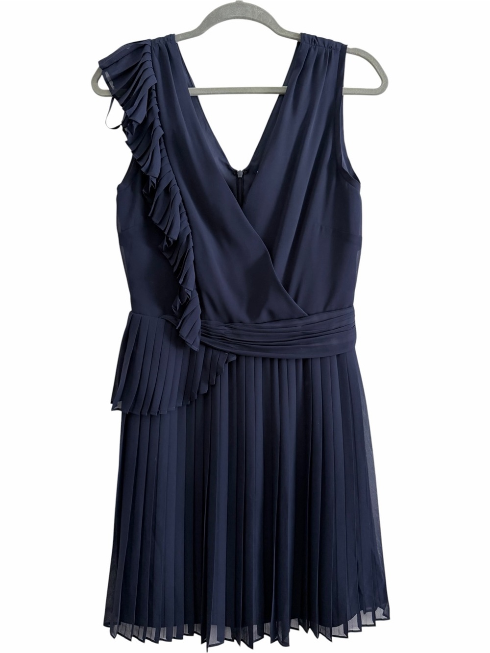 Reiss Navy One-Shoulder Ruffle Pleated Dress